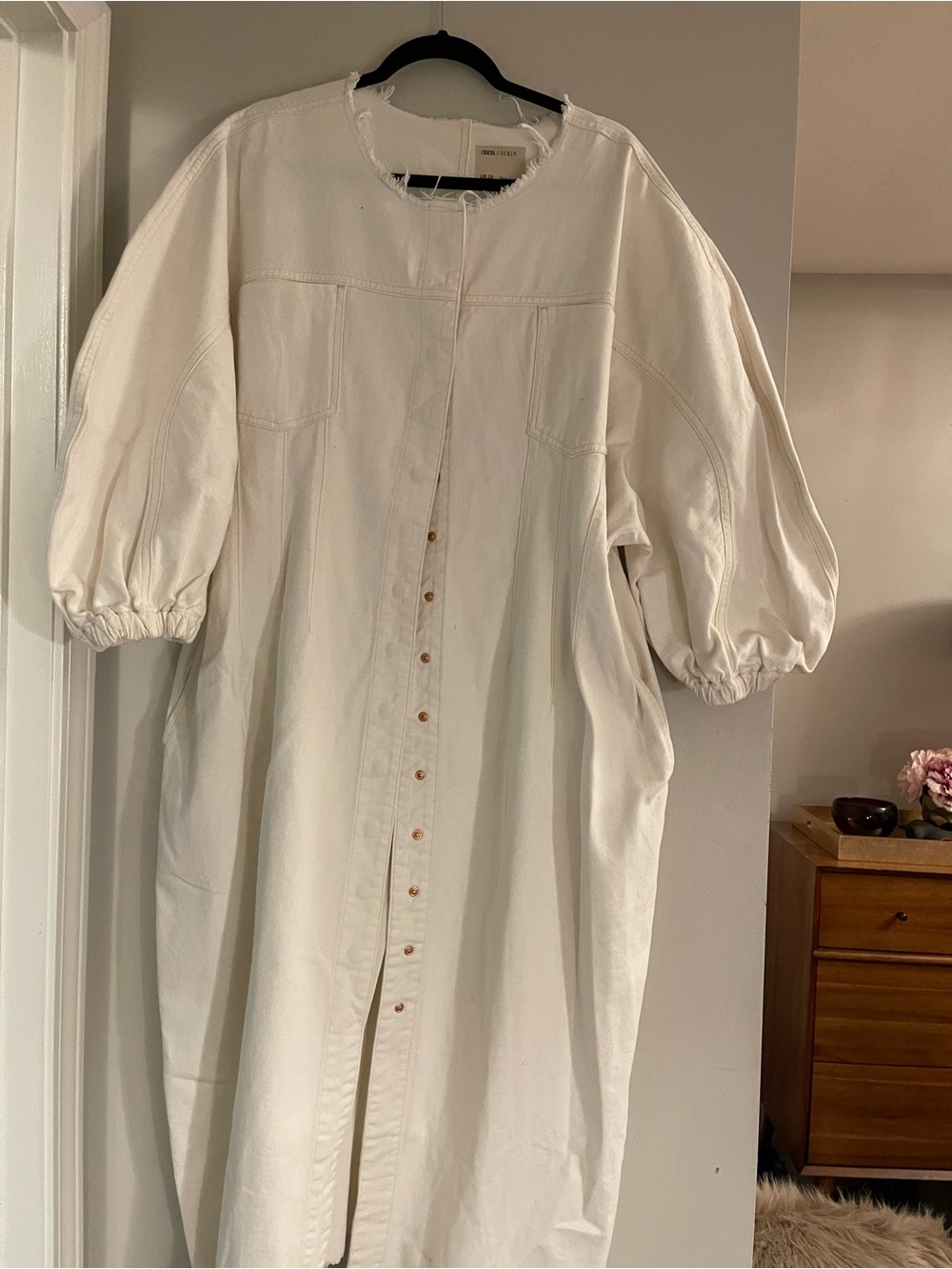ASOS Cream Button-Front Midi Dress with Puff Sleeves